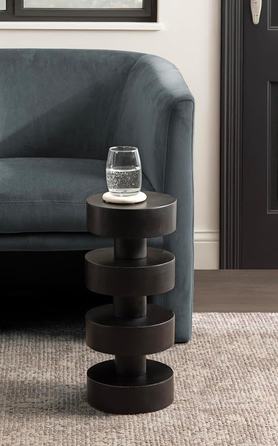 Kate and Laurel Omar Modern Wooden Round Drink Table, 9 x 9 x 20, Black, Geometric Floating Disks Circle Mini Table for Use as Small Bedroom Night Stand or Indoor Plant Stand