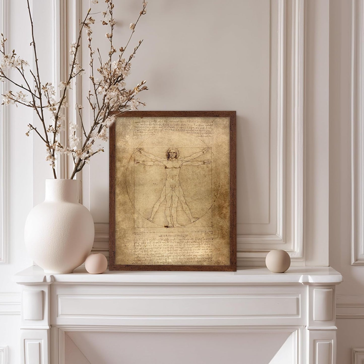 Poster Master Classic Leonardo Da Vinci Poster - Vintage Renaissance Print - Gift for Artist, Friend - Vitruvian Man, Proportion, Symmetry, Human Body - Wall Decor for Office, 8x10 Brown Framed