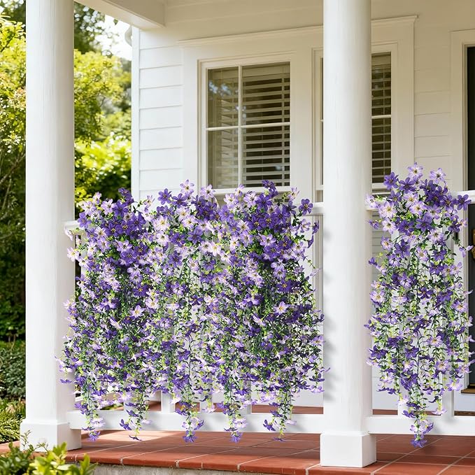 Artificial Fake Hanging Flowers Plants for Outdoor Spring Summer Decoration,2 PCS Faux Silk Daisy with Eucalyptus Leaves,UV Resistant Look Real for Outside Home Planter Porch Patio Balcony Yard Decor
