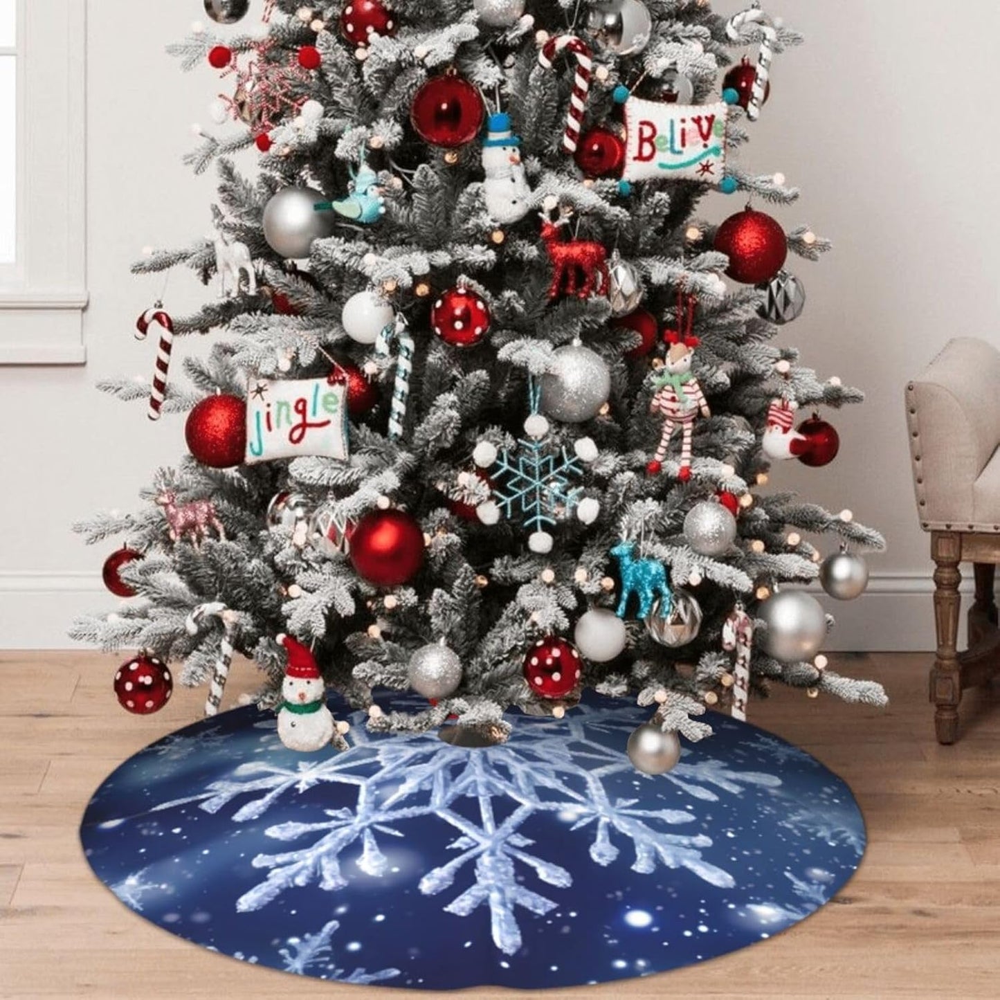 48" Blue Snowflakes Christmas Tree Skirt Large Tree Mat Base Cover for Xmas Festive Holiday Party Decoration Ornaments