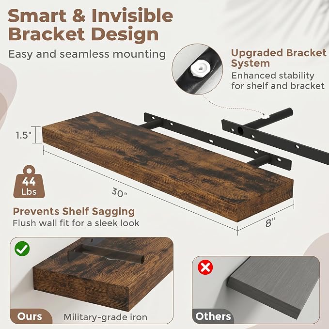 30 Inch Floating Shelves for Wall, 8"D Wood Storage Shelves, Brown Finish | Engineered Wood, Invisible Bracket, Large Storage, Easy Install, Hold Up to 44lbs, Living Room, Bathroom, Bedroom, Kitchen