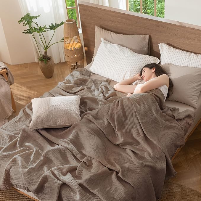 MooMee Muslin Blanket - 100% Cotton 4-Layer Gauze Throw Blanket with All-Around Fringe, Soft Breathable Lightweight Cooling Summer Blankets for Bed Couch(Brown, Queen 90" x 90")
