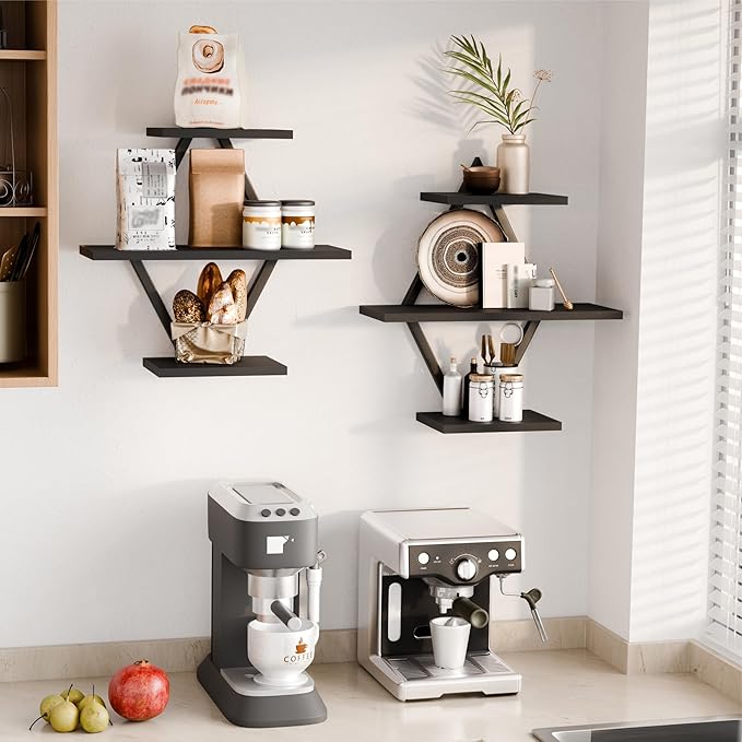 Floating Shelves, Wall Shelf Set of 2, Wall Mounted Shelves, 3-Tier Hanging Wall Shelves for Bathroom, Living Room, Bedroom, Kitchen, Office (Black)