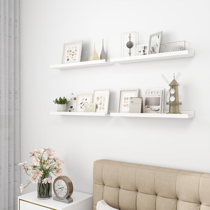 Acovy 24 inch Picture Ledge Shelf, Wood Floating Shelves Set of 4, White | Wall Mounted, For Living Room Kids' Room Bedroom, Photo Ledge Nursery Book Shelves