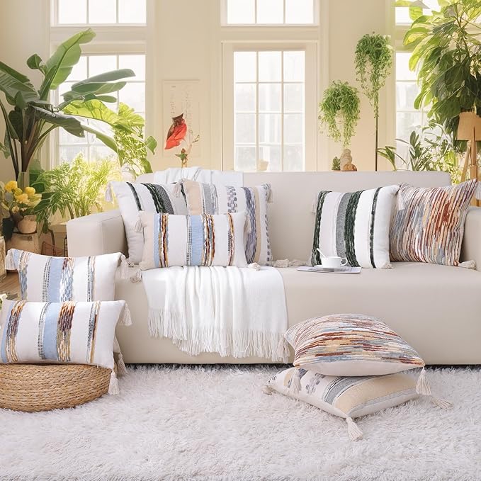 Simmore Fall Boho Decorative Throw Pillow Covers 12x20 Set of 2, Tufted Farmhouse Pillow Covers with Tassels for Cozy Bohemian Couch Sofa Bedroom Home Decor, Rust