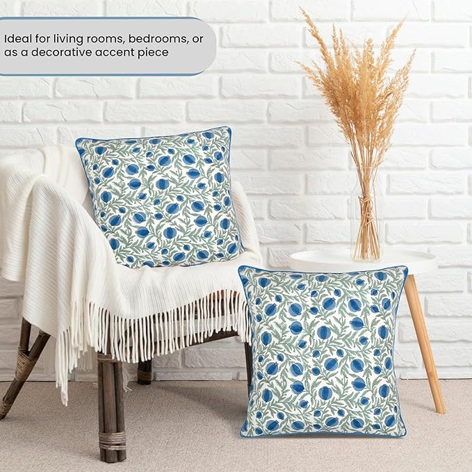Ridhi Block Print Queen Blue Pillow Cover 16" x 16" (Pack of 2) Decorative Couch Pillows for Living Room, Chic Boho Cute Outdoor Pillows Covers Gifts for Spring, Easter and Valentine
