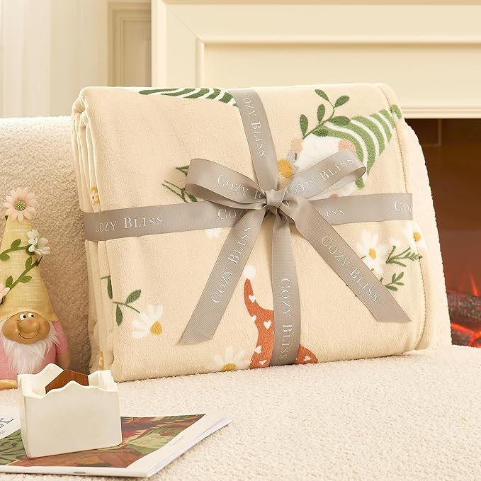 Cozy Bliss Gnome Spring Throw Blanket - Garden Daisy Floral Design, Warm MilkyPlush Throw Blankets, Ultra Soft Cozy Blankets for Couch, Sofa and Bed, Beige, 50X60inches