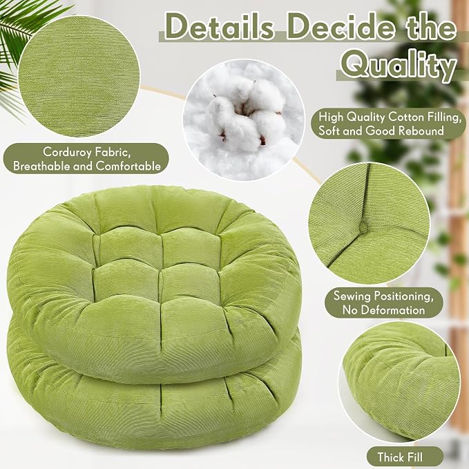 Jerify 2 Pcs Floor Pillow Cushions Large Round Square Large Meditation Floor Pillow for Classroom Adult Meditation Picnic Party Seating Learning Daycare School (Round,Bright Green)