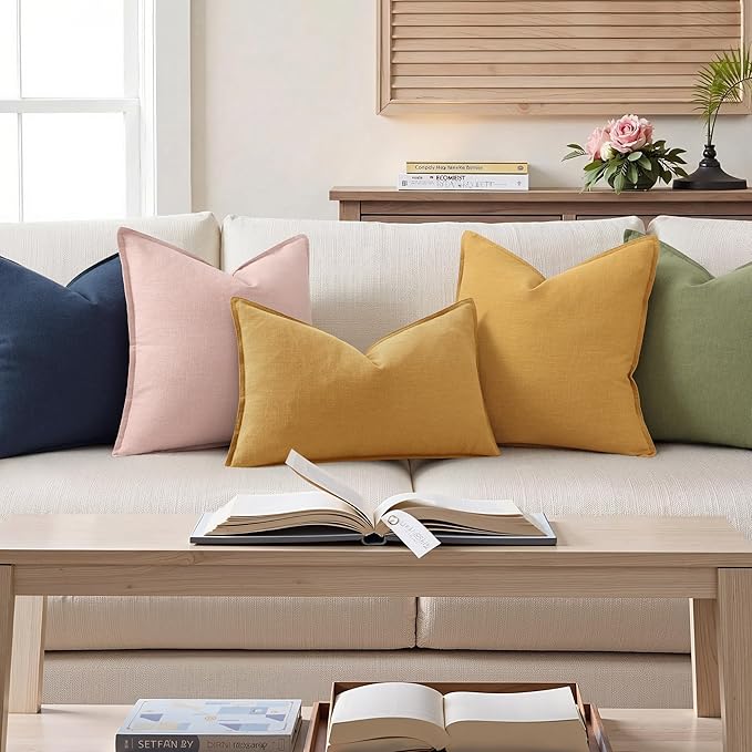 decorUhome Summer Decorative Linen Throw Pillow Covers 12x20 Inch Set of 2 Mustard Yellow Lumbar Pillow Covers with Flange Edges Soft Farmhouse Boho Accent Pillow Cases for Couch Bed Living Room