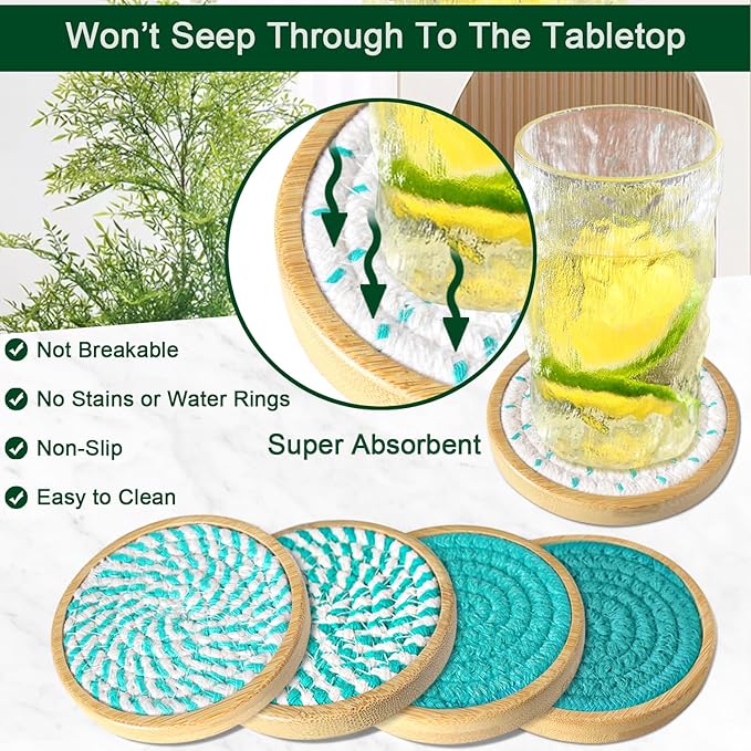 Eykao Bamboo Coasters for Drinks, Absorbent Coaster Sets of 5, Woven Drink Coasters for Coffee Table, Housewarming Gift for Farmhouse Home Decor,4 inches (Lake Blue Series)