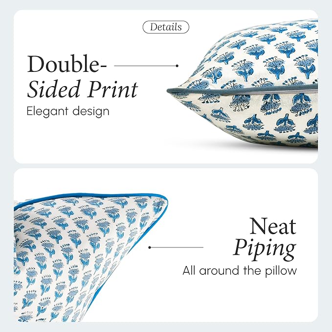 CPC 100% Cotton Throw Pillow Covers 16X16 Blue Block Print Pattern Couch Pillow, Cute Boho Decorative Pillows for Living Room, Bedroom with Hidden Zipper- Apatite Blue