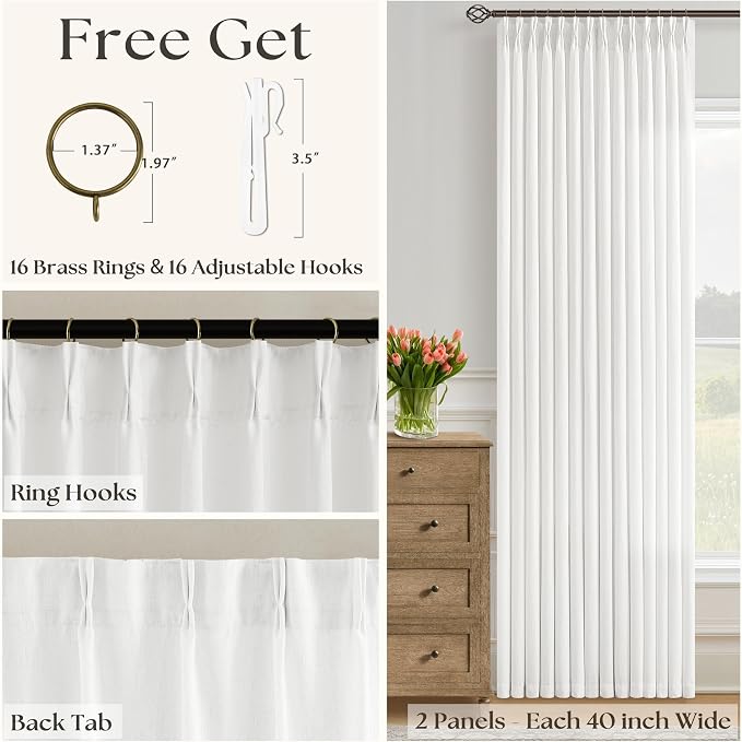 Ivory White Semi Sheer Pinch Pleated Linen Curtains 84 Inch Length | Off White, Neutral, 84 Inch Long, Light Filtering, Privacy, Bedroom, Living Room, Burlap Textured, Memory Shape, Boho Modern