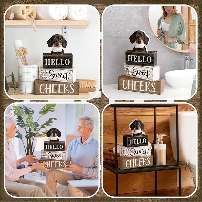 Moucuny 4 Pcs Dachshund Bathroom Decor Set Funny Toilet Wooden Tiered Tray Decor Farmhouse Dachshund Centerpiece Rustic Bathroom Shelf Decoration Hello Sweet Cheeks Decoration for Home Office