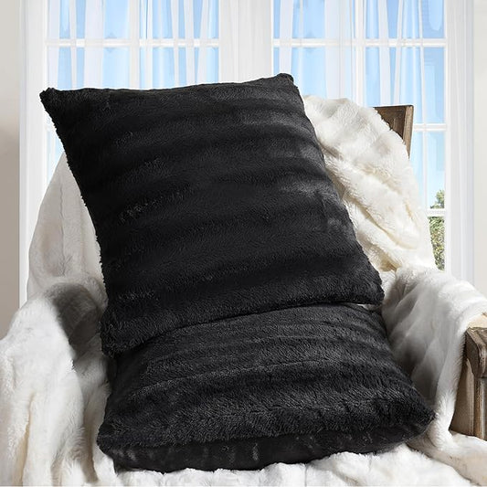 Cheer Collection Faux Fur Throw Pillows - Decorative Pillows for Couch, Bed Throw Pillows, Black Accent Pillows for Bedroom or Living Room Aesthetic, Set of 2 Furry Throw Pillows, 24" x 24"