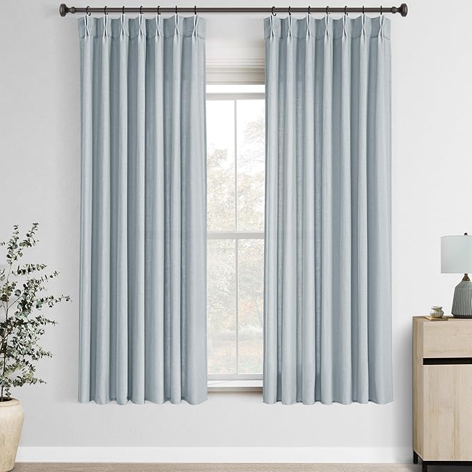Greyish Blue Pinch Pleated Linen Curtains 72 Inch Length 2 Panels for Living Room Bedroom Textured Semi Sheer Drapes Pinch Pleat Rings Window Curtain 40x72