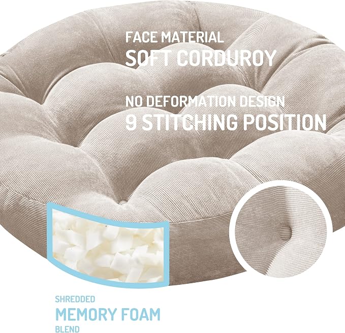 Degrees of Comfort Floor Cushion 6 Pack for Meditation, Office & Study Room – Corduroy Soft Seating Set, 22 Inch, High-Density Foam, Round Shape, Beige