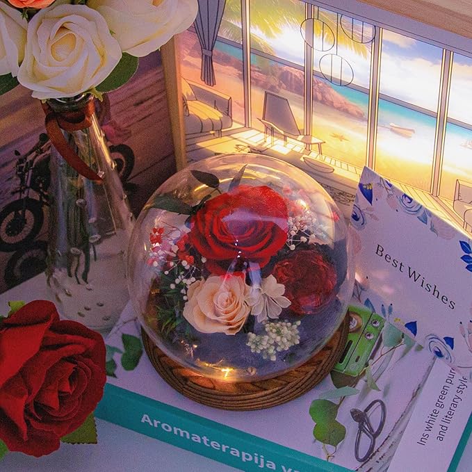 MOKOQI Birthday Gifts for Women Preserved Red Real Rose Flowers in Glass Dome, Forever Rose Valentines Day Gift for Her Mom on Christmas Birthday Flowers for Delivery Prime