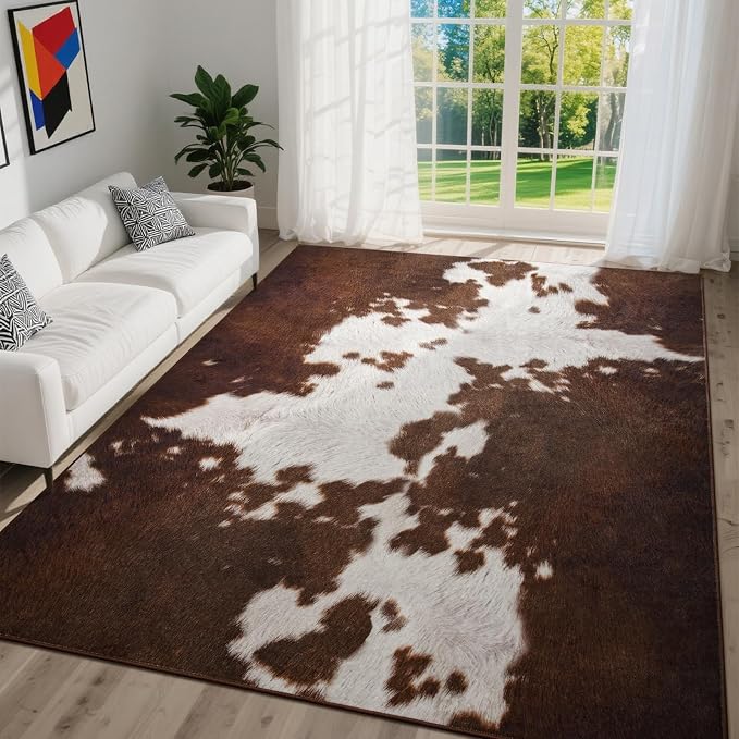 DweIke Cow Print Rugs for Living Room, 4x6 Soft Faux Animal Cowhide Area Rug, Washable Non-Slip Stain Resistant Throw Carpet for Dining Room Office Western Home Decor, Red Brown