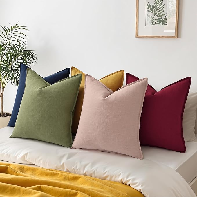 decorUhome Summer Decorative Linen Euro Sham Throw Pillow Covers 24x24 Inch Set of 2 Mustard Yellow Pillow Covers with Flange Edges Soft Farmhouse Boho Accent Pillow Cases for Couch Bed Living Room