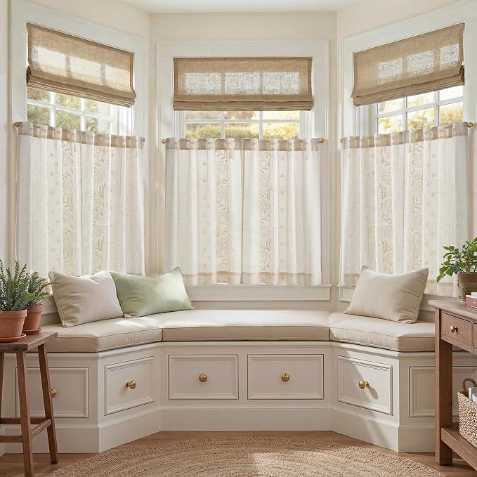 jinchan Winslow Linen Kitchen Curtains 36 Inch Length Small Window Curtains Embroidered Bordered Floral Drapes Light Filtering for Bathroom Laundry Room Farmhouse Decor White on Beige 2 Panels