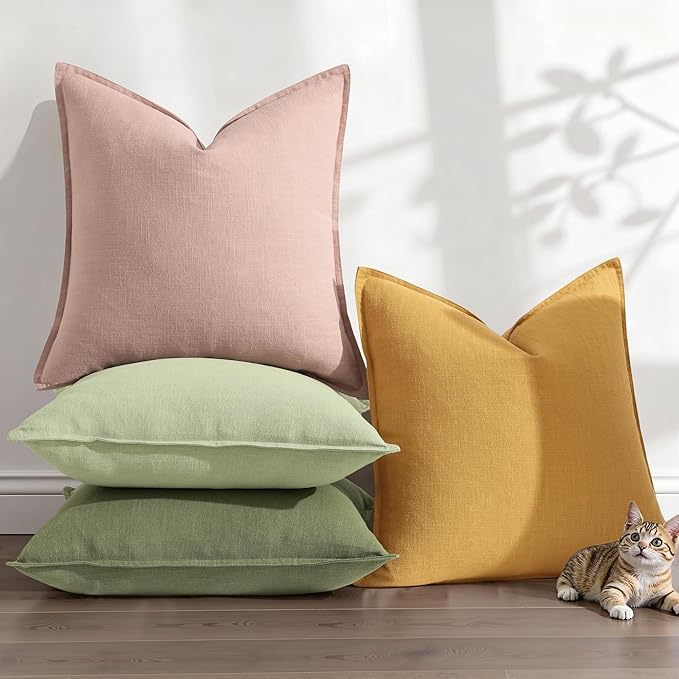 decorUhome Summer Decorative Linen Throw Pillow Covers 18x18 Inch Set of 2 Pink Pillow Covers with Flange Edges Soft Farmhouse Boho Accent Pillow Cases for Couch Bed Living Room