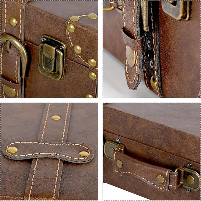 DECOR4SEASON Vintage Leather & Wood Storage Box – Compact Decorative Suitcase Chest with Classic Design, Perfect for Keepsakes, Travel, and Home Organization