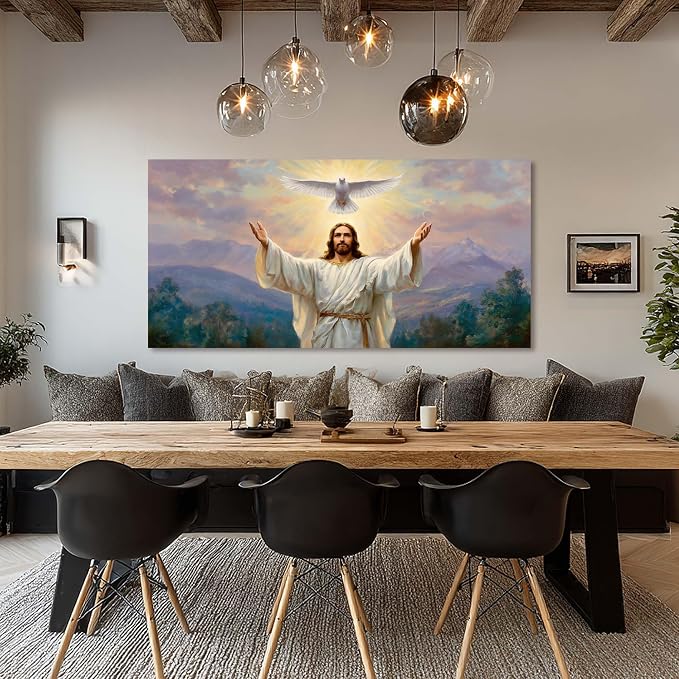 Ggaafet Jesus and Pigeon Wall Art for Living Room Canvas Oil Painting Prints Halo God Universal Love Spiritual Faith Art Deco Classic Artwork Office Bedroom Family Dining Room Decor Extra Large