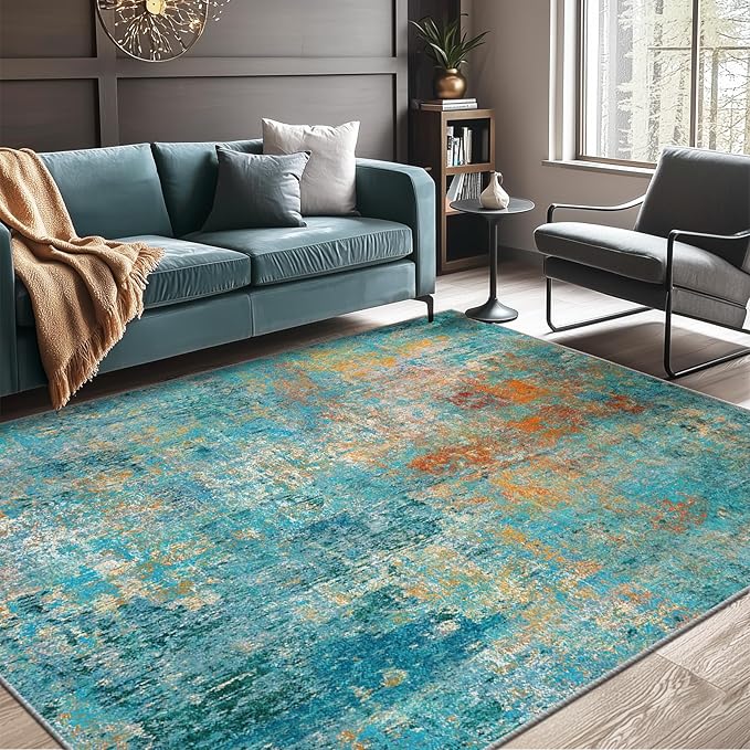RELEANY Washable Area Rugs 6'x8' Non-Slip Modern Abstract Soft for Living Room Entryway Bedroom Nursery, Print Pattern, Teal Blue Green Orange Rust Red Colorful