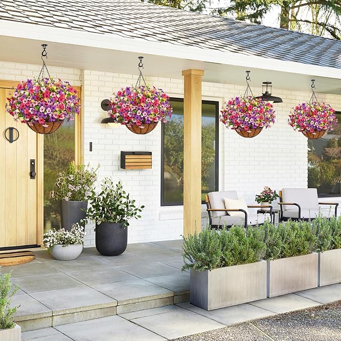 2 Pack Artificial Hanging Flowers for Outdoors, Fake Hanging Plants with 12" Baskets, 24 Pcs UV Resistant Artificial Hanging Flowers for Decoration Outdoors Garden Patio Porch Yard Spring Summer Decor