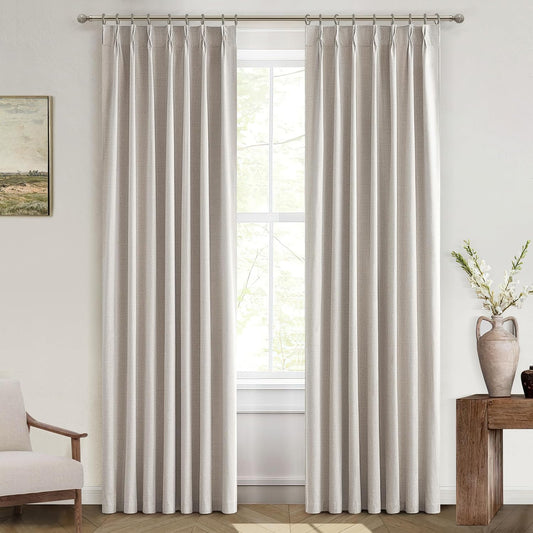 Natural Linen Pinch Pleated Blackout Curtains & Drapes 96 Inch Long Bedroom/Livingroom Farmhouse Curtains 2 Panel Sets, Neutral Track Room Darkening Thermal Insulated 8ft Back Tab Window Curtain