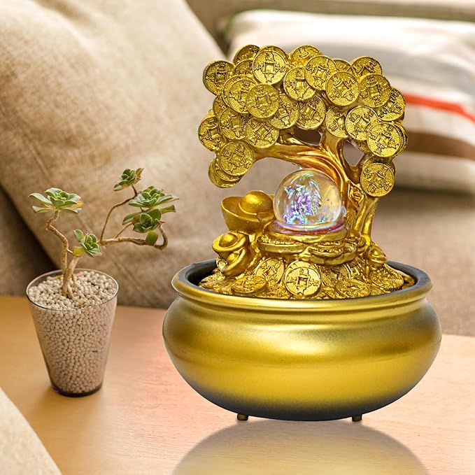 Gold Money Tree Feng Shui Desktop Water Fountain Waterfall Decoration with LED Light Portable Tabletop Decorative Zen Meditation Waterfall for Office Living Room Craft