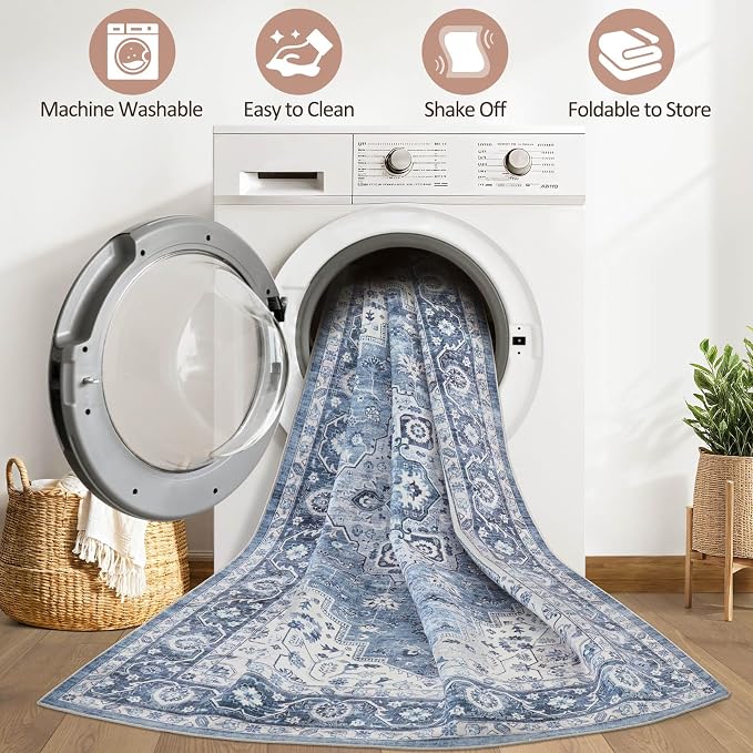 9x12 Area Rug Living Room: Washable Boho Large Neutral Vintage Soft Rug Stain Resistant Farmhouse Non-Slip Indoor Floor Retro Carpet for Bedroom Nursery Kids Office Dining Room- Blue Gray