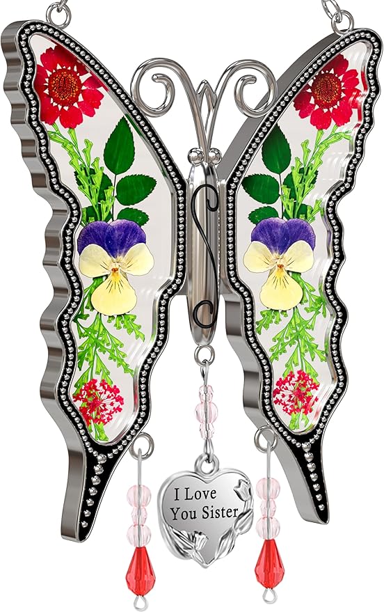 KY&BOSAM Butterfly Suncatcher I Love You Sister Stained Glass for Windows Hangings Wind Chime Pressed Real Dried Flowers Between Wings and Heart Charm Gifts for Sister Mothers Day Birthday Valentines