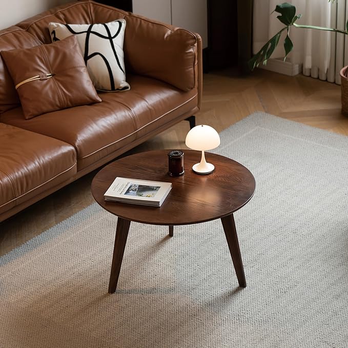 Christopher Knight Home Bede Modern Small Size Low Wooden Coffee Table, Round Top Living Room End Table Accent Furniture, Home Office Writing Desk, Multifunctional Sofa Table, Walnut Brown