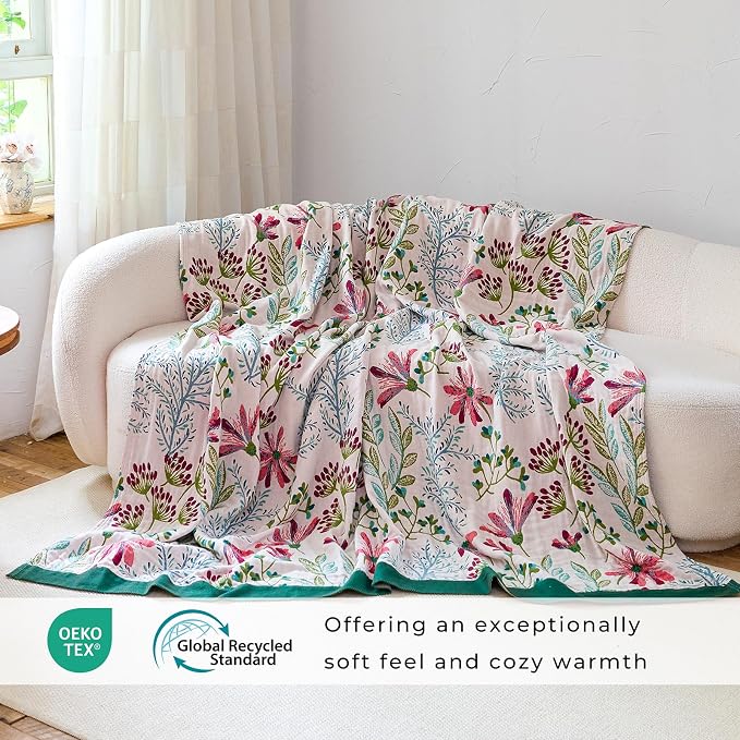 100% Cotton Boho Throw Blanket 90"x98" Oversized Reversible Botanical Summer Quilt for Queen Bed Sofa Couch 4-Layer Breathable Gauze Floral Muslin Blanket for Home Decor Gift White/Teal