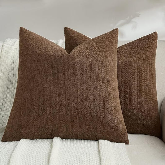 FUTEI Dark Brown Chenille Throw Pillow Covers 26x26 Inch Set of 2,Soft Striped & Diamond Textured Euro Pillow Shams,Modern Home Decor for Couch Living Room