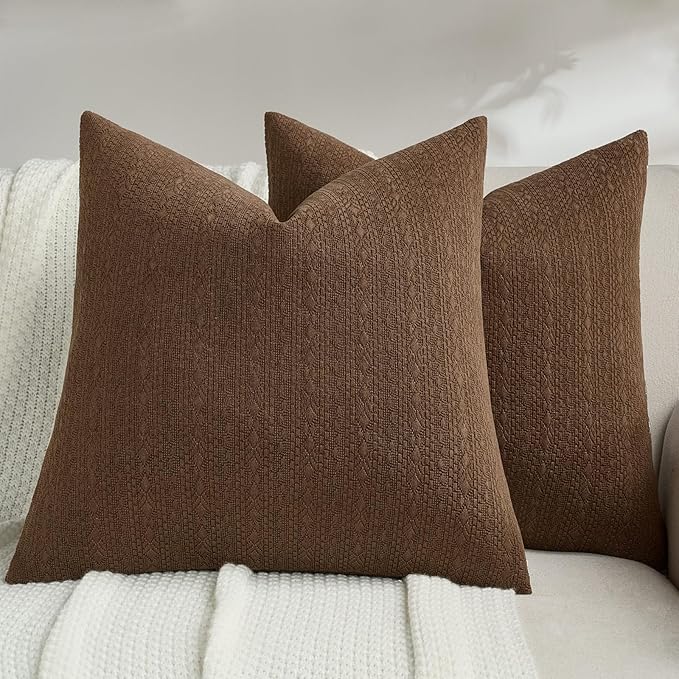 FUTEI Dark Brown Chenille Throw Pillow Covers 20x20 Inch Set of 2,Soft Striped & Diamond Textured Cushion Cases,Modern Home Decor for Couch Living Room