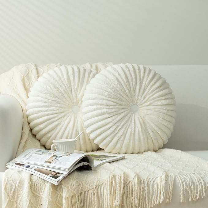 HIG Decorative Round Throw Pillows for Bed Couch - Set of 2 Handcraft Ruched Pumpkin Pillow, Soft and Durable Flannel Floor Pillow for Home Decor, Bed Living Room and Sofa (Off White,14.5"x14.5")