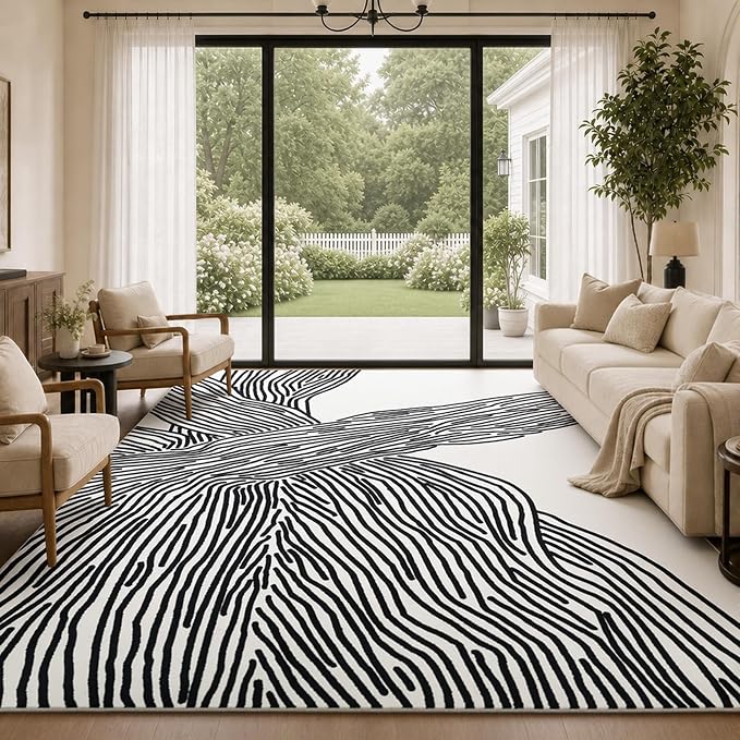 YIHOUSE 9×12 Ft Washable Rug, Black and White Abstract Area Rug for Bedroom, Living Room, Dining Room, Office, Playroom, Nursery, Ultra Thin Nonslip Modern Large Rugs Soft Contemporary Striped Rugs | Large modern abstract 9x12 rug, soft low pile with n...
