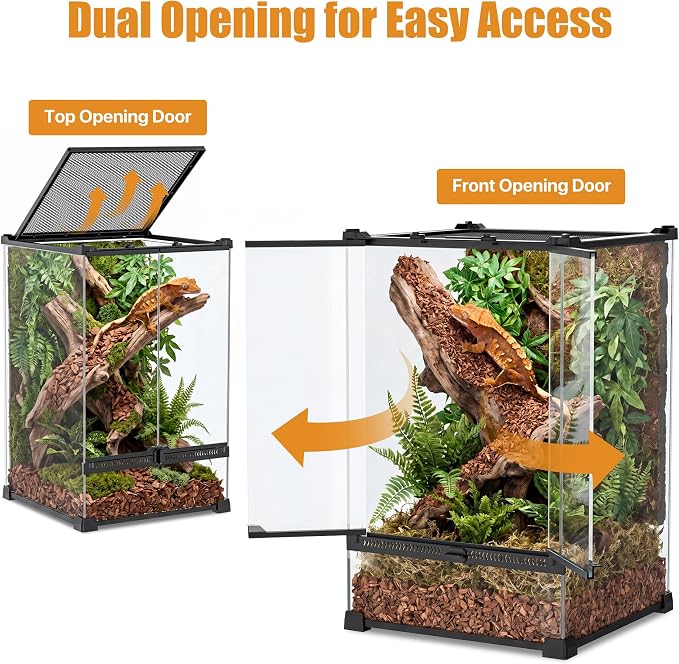 11 Gallon Fully Assembled Glass Reptile Enclosure,12"x 12" x 18" | Front Opening Tall Reptile Terrarium Tank for Crested Geckos, Tree Frogs & Other Arboreal Reptiles and Amphibians