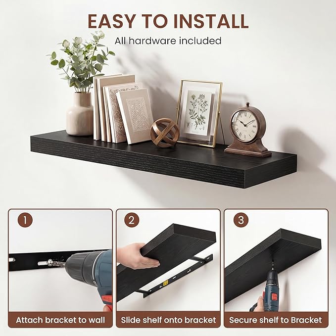 Dreamland 30 Inches Floating Shelves for Wall, 9.3" Deep Long Floating Shelves Set of 2, Large Display & Storage Shelf, Wall Shelf for Bathroom Bedroom Living Room Kitchen Office, Black