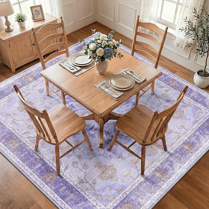 RELEANY Area Rugs Square 7ft Washable Non-Slip, Floral Vintage Distress Print Pattern Medallion Carpet for Living Room Bedroom Dining Room, Light Purple Brown