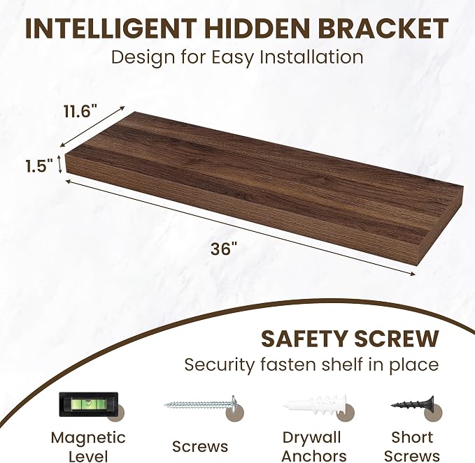 Acovy 36 Inch Floating Shelves for Wall Set of 2,12" Deep Floating Shelf Wall Mounted with Invisible Brackets,Rustic Bookshelf Wooden Storage Shelf for Living Room,Kitchen,Bathroom,Walnut