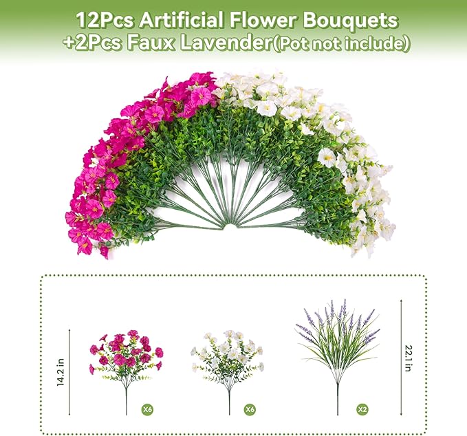 Artificial Flowers Fake Plants for Outdoors Decoration, 12 Bundles Silk Morning Glory with 2PCS Lavender Realistic UV Resistant Faux Spring Flowers for Outside Planter Yard Patio Garden Home Indoor