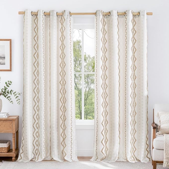 BGment Jacquard Boho Linen Curtains with Tufted Pom Stripe Geometric, Farmhouse Pattern Drapes Grommet for Bedroom Living Room Light Filtering, 2 Panels Set, 52 X 98 Inch