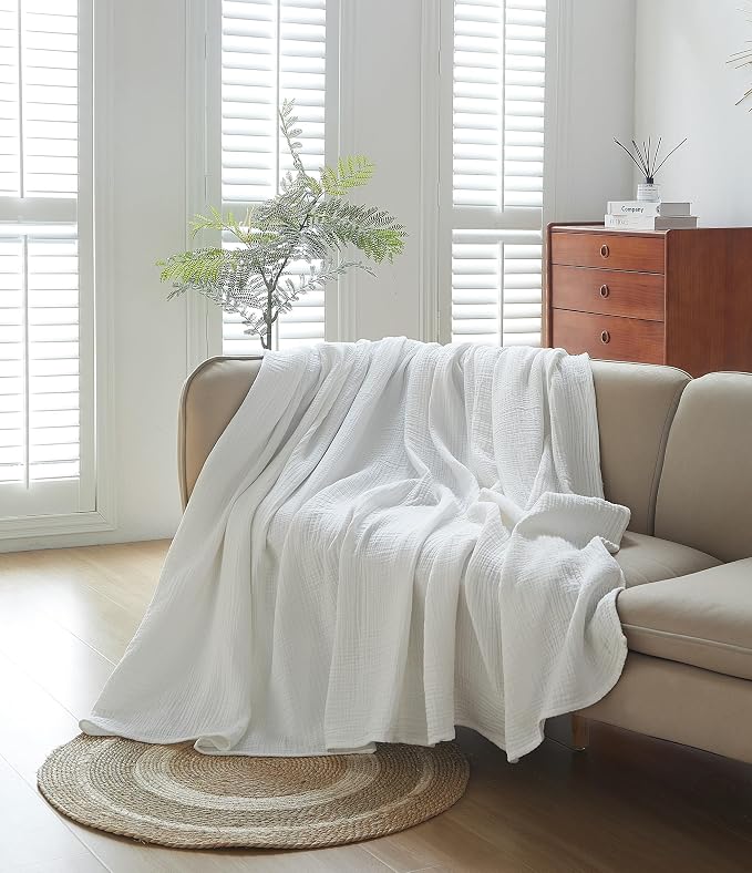 100% Cotton Muslin King Blanket (108" x 90") – A Luxuriously Soft, 4-Layer Lightweight and Breathable Gauze Blanket, Perfect for Year-Round use on beds, couches (White, King)