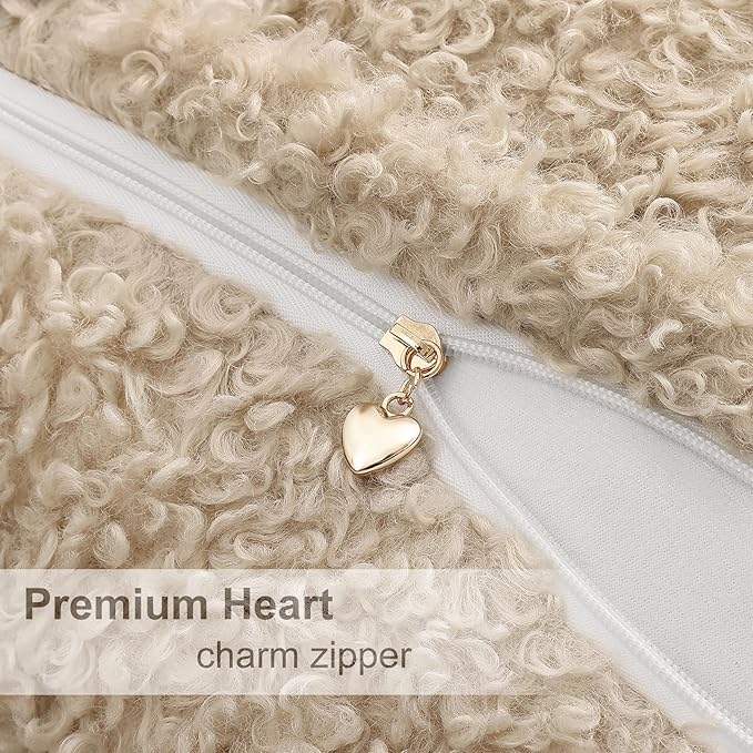 decorUhome Pack of 2 Throw Pillow Covers 18x18 Inch, Faux Fur Decorative Sherpa Pillow Covers Fuzzy Accent Soft Sheepskin Fleece Pillow Cases for Couch Living Room Bed, Neutral Oatmeal