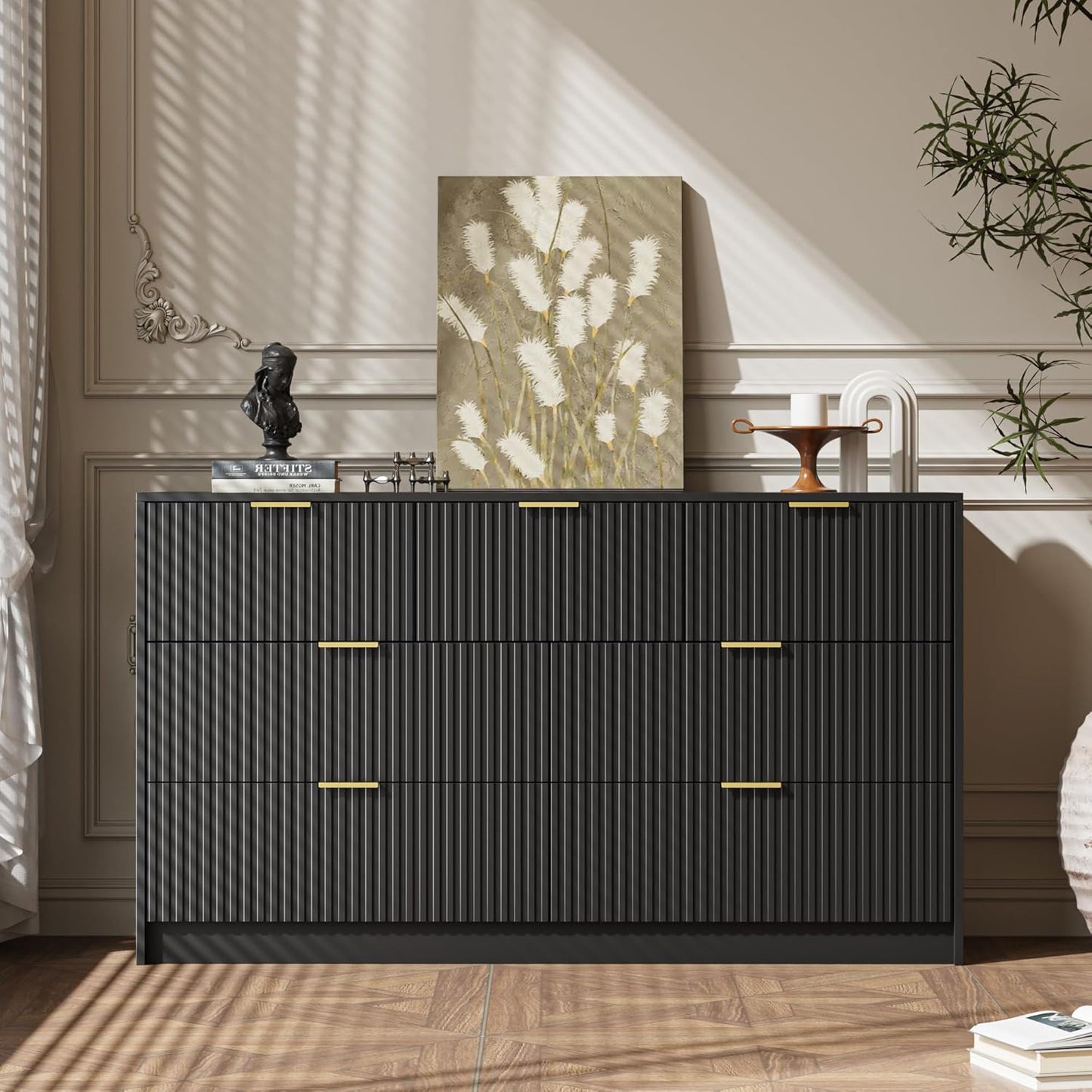 Black 7 Drawer Dresser for Bedroom, Modern Fluted Dresser with Gold Metal Handles, Wide Chest of Drawers for Bedroom, Living Room, Entryway, Hallway, 55.9" L x 15.7" D x 31.4" H