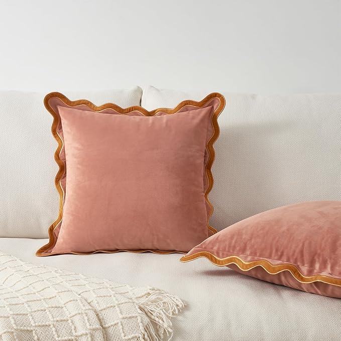 MONDAY MOOSE Decorative Throw Pillow Covers Cushion Cases, Set of 2 Soft Velvet Scalloped Wavy Edge Designs, Mix and Match for Home Decor, Pillow Inserts Not Included (20x20 inch, Pink/Honey)