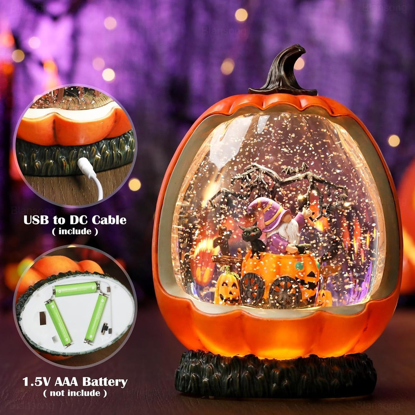 Halloween Snow Globe Pumpkin Halloween Decorations Indoor Gnome Black Cat Bat Swirling Glitter Timer
